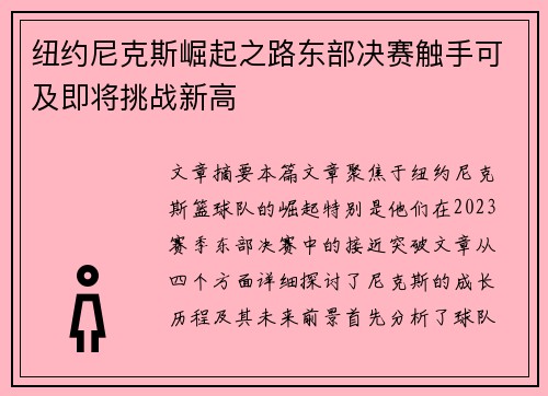 纽约尼克斯崛起之路东部决赛触手可及即将挑战新高