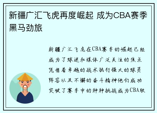 新疆广汇飞虎再度崛起 成为CBA赛季黑马劲旅