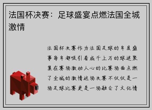 法国杯决赛：足球盛宴点燃法国全城激情